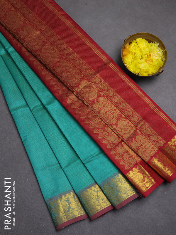 Silk cotton saree teal green and maroon with allover vairosi pattern and zari woven border