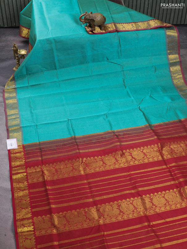 Silk cotton saree teal green and maroon with allover vairosi pattern and zari woven border