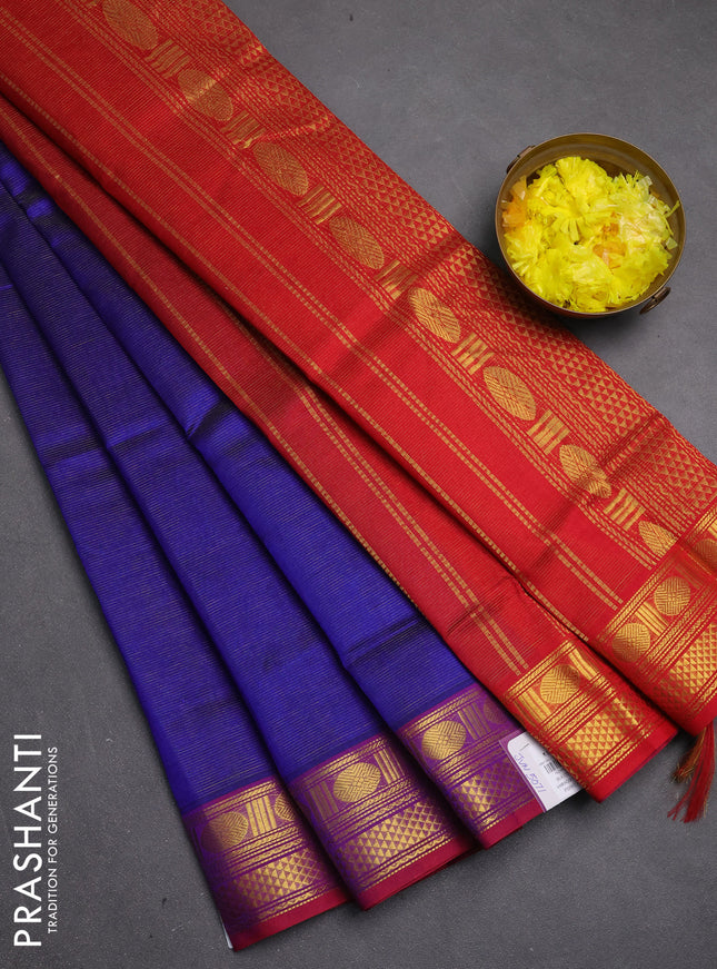 Silk cotton saree royal blue and red with allover vairosi pattern and zari woven border