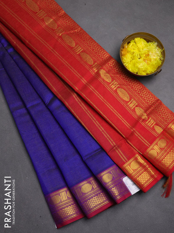 Silk cotton saree royal blue and red with allover vairosi pattern and zari woven border