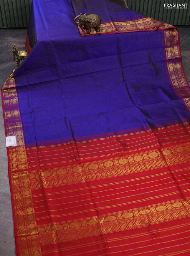 Silk cotton saree royal blue and red with allover vairosi pattern and zari woven border