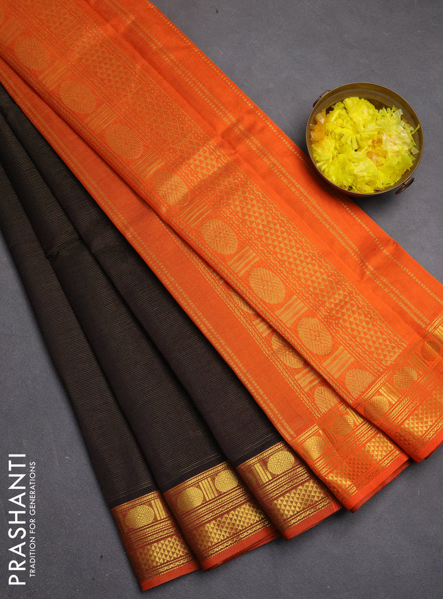 Silk cotton saree deep coffee brown and orange with allover vairosi pattern and zari woven border
