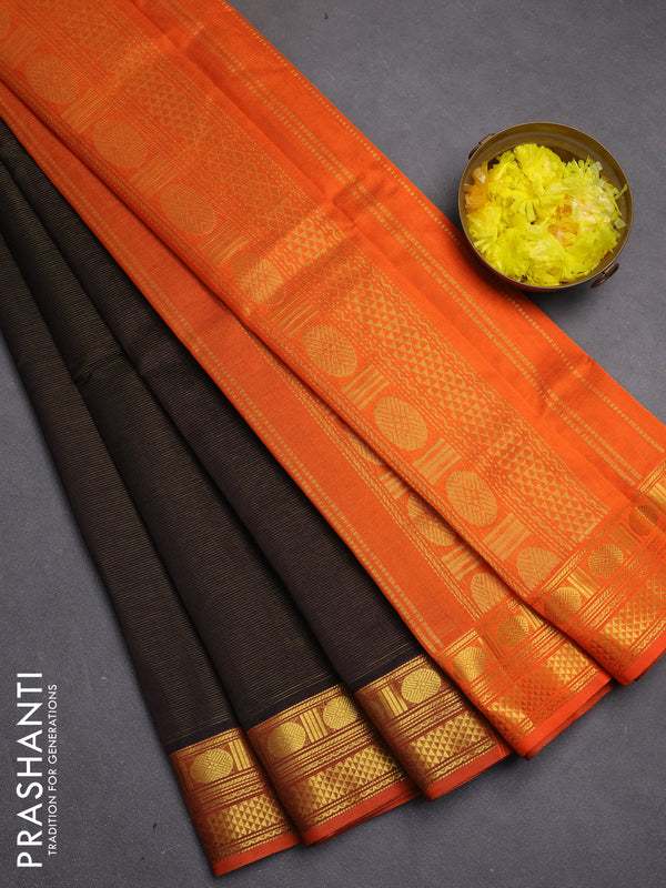 Silk cotton saree deep coffee brown and orange with allover vairosi pattern and zari woven border
