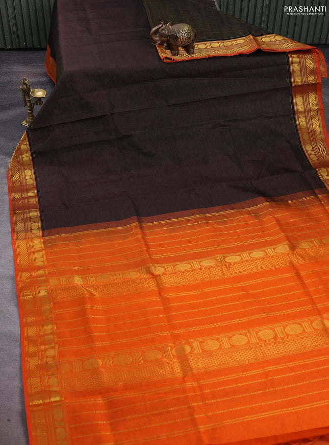 Silk cotton saree deep coffee brown and orange with allover vairosi pattern and zari woven border