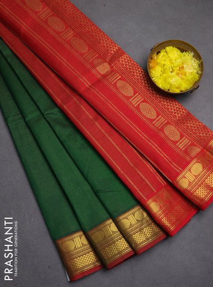 Silk cotton saree green and red with allover vairosi pattern and zari woven border