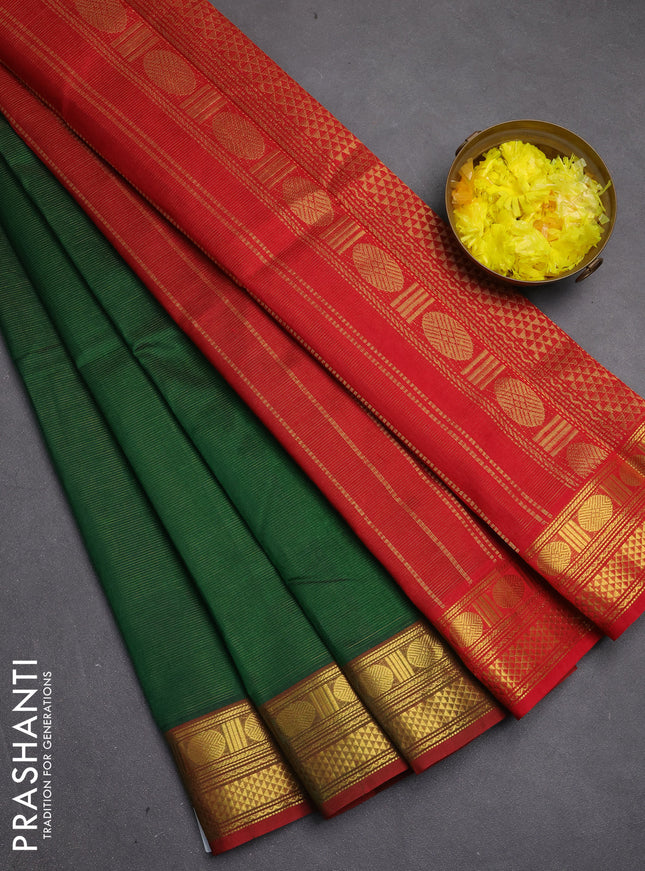 Silk cotton saree green and red with allover vairosi pattern and zari woven border