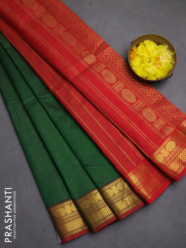 Silk cotton saree green and red with allover vairosi pattern and zari woven border