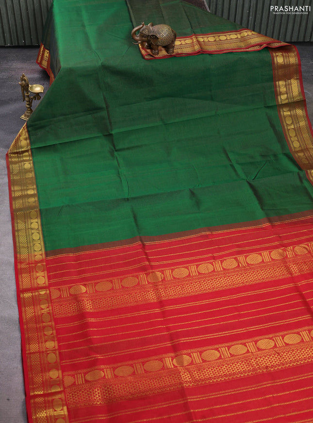 Silk cotton saree green and red with allover vairosi pattern and zari woven border
