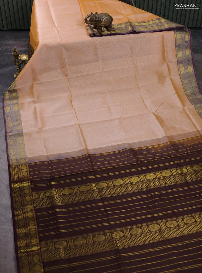 Silk cotton saree sandal and deep wine shade with allover vairosi pattern and zari woven border