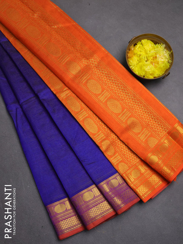 Silk cotton saree blue and orange with allover vairosi pattern and zari woven border