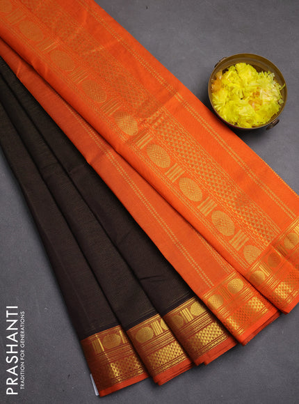 Silk cotton saree deep coffee brown and orange with allover vairosi pattern and zari woven border