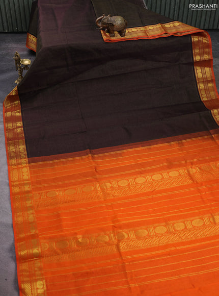 Silk cotton saree deep coffee brown and orange with allover vairosi pattern and zari woven border