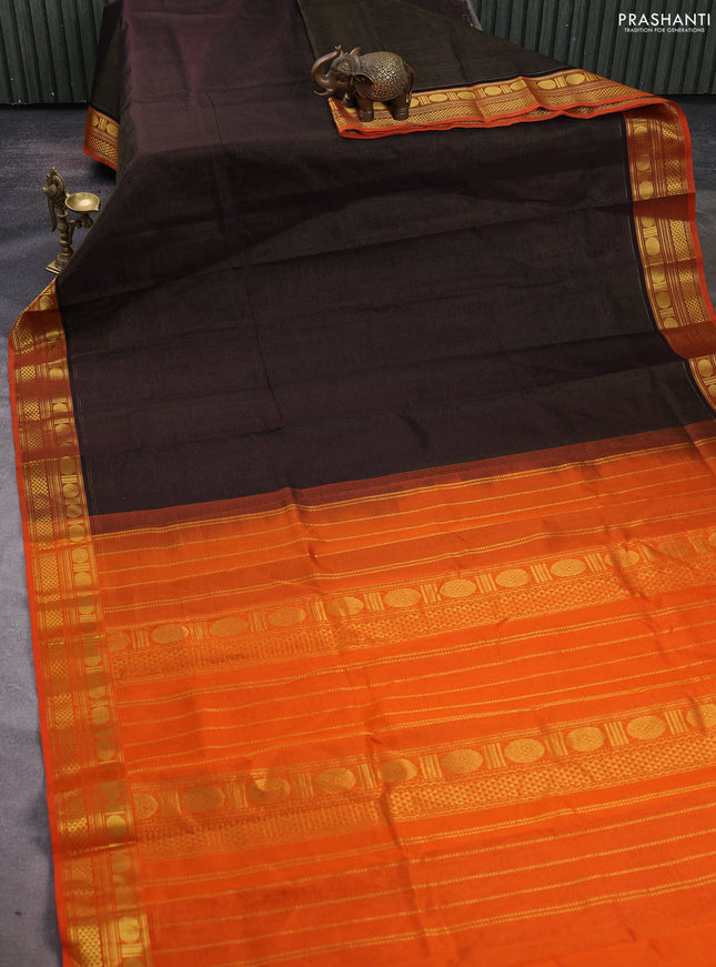 Silk cotton saree deep coffee brown and orange with allover vairosi pattern and zari woven border
