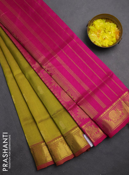 Silk cotton saree lime green and pink with zari woven buttas and annam & temple zari woven border