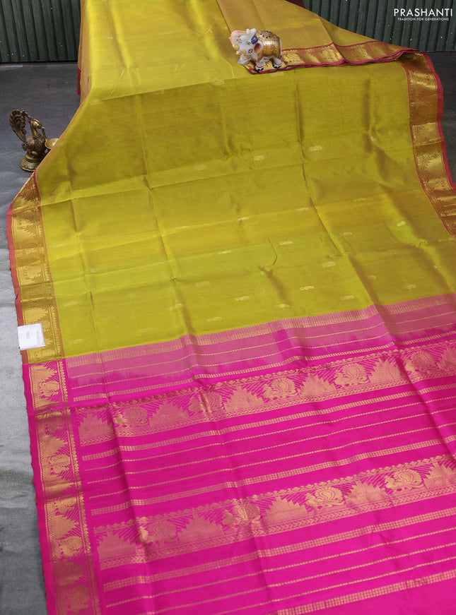 Silk cotton saree lime green and pink with zari woven buttas and annam & temple zari woven border