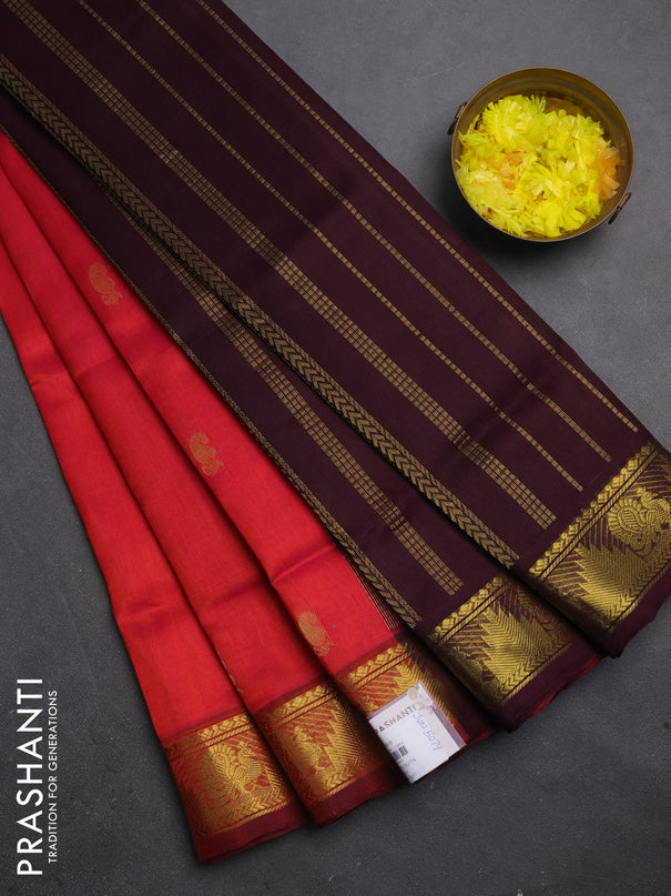 Silk cotton saree pink and wine shade with zari woven buttas and annam & temple zari woven border