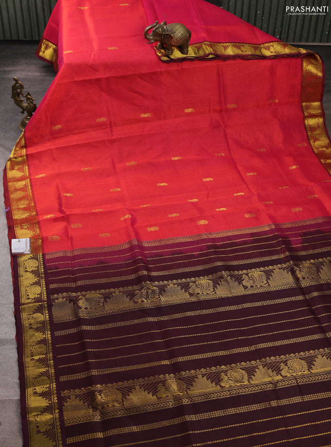 Silk cotton saree pink and wine shade with zari woven buttas and annam & temple zari woven border
