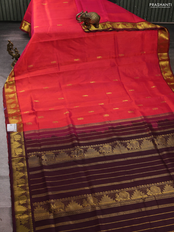 Silk cotton saree pink and wine shade with zari woven buttas and annam & temple zari woven border