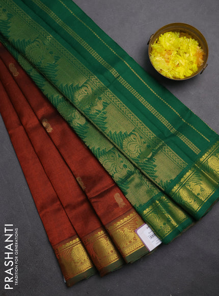 Silk cotton saree brown and green with zari woven buttas and annam & temple zari woven border