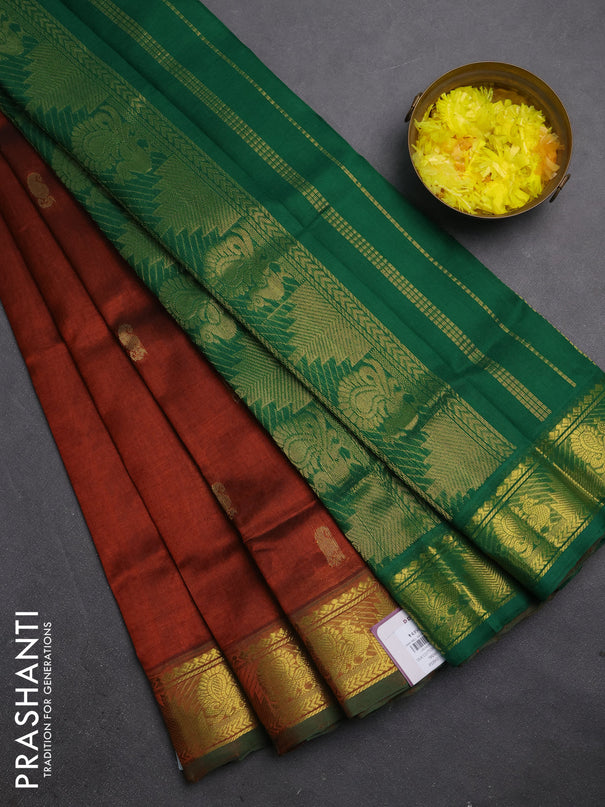 Silk cotton saree brown and green with zari woven buttas and annam & temple zari woven border