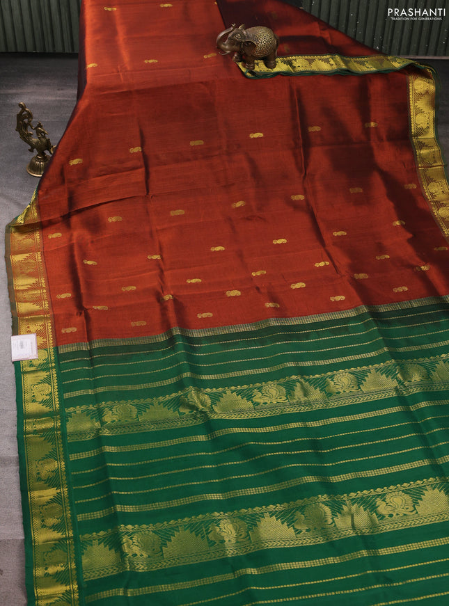 Silk cotton saree brown and green with zari woven buttas and annam & temple zari woven border