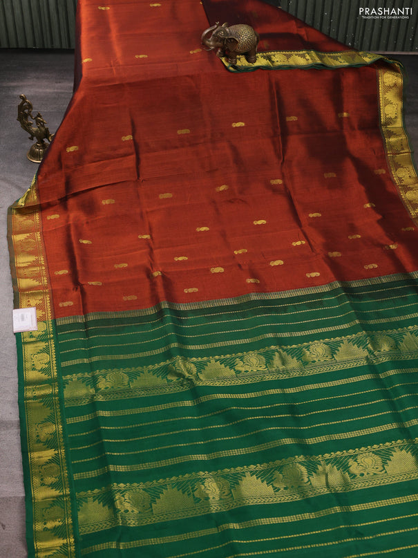 Silk cotton saree brown and green with zari woven buttas and annam & temple zari woven border