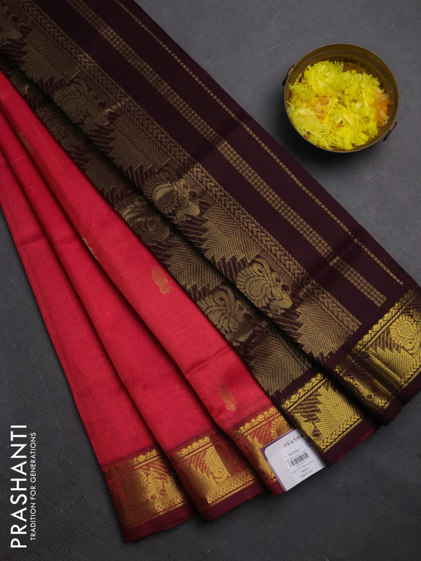 Silk cotton saree pink and wine shade with zari woven buttas and annam & temple zari woven border