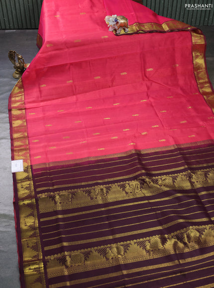 Silk cotton saree pink and wine shade with zari woven buttas and annam & temple zari woven border