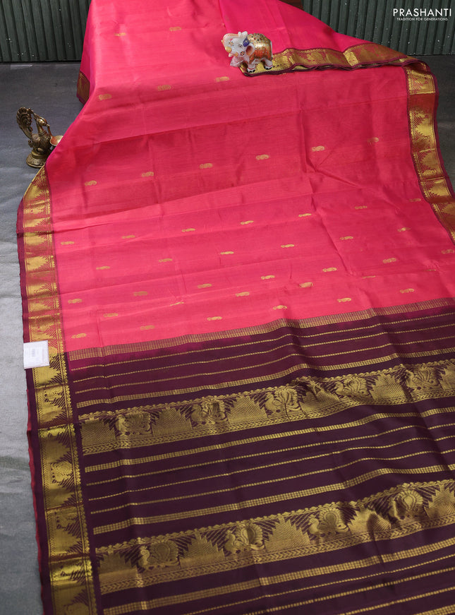 Silk cotton saree pink and wine shade with zari woven buttas and annam & temple zari woven border