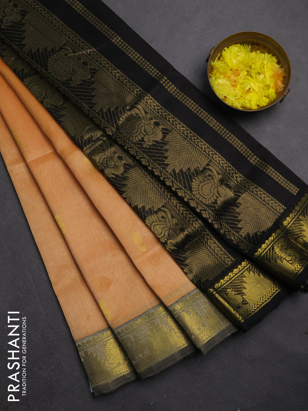 Silk cotton saree pale orange and black with zari woven buttas and annam & temple zari woven border