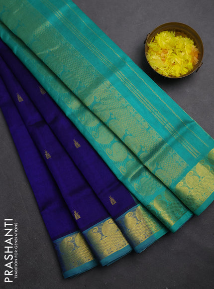 Silk cotton saree blue and teal green shade with temple zari woven buttas and paisley zari woven border