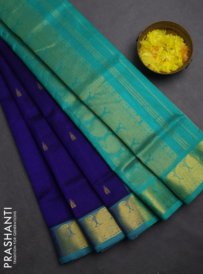 Silk cotton saree blue and teal green shade with temple zari woven buttas and paisley zari woven border