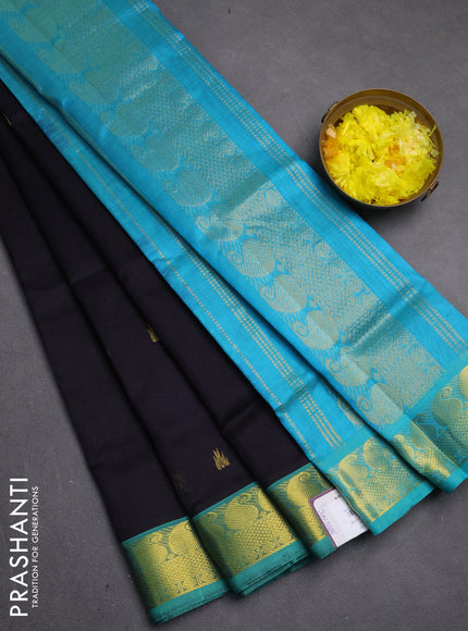Silk cotton saree deep jamun and teal blue with temple zari woven buttas and paisley zari woven border