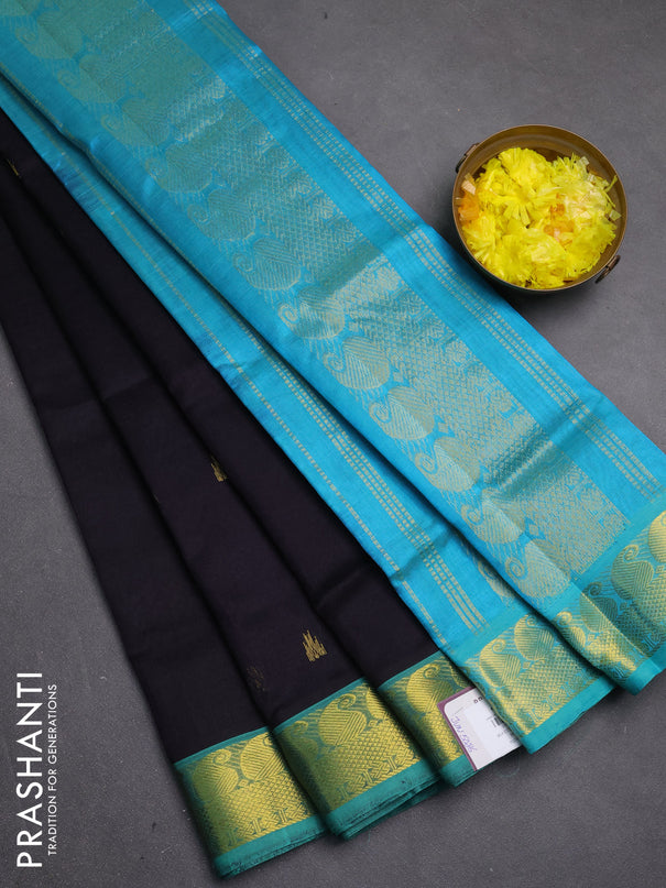 Silk cotton saree deep jamun and teal blue with temple zari woven buttas and paisley zari woven border