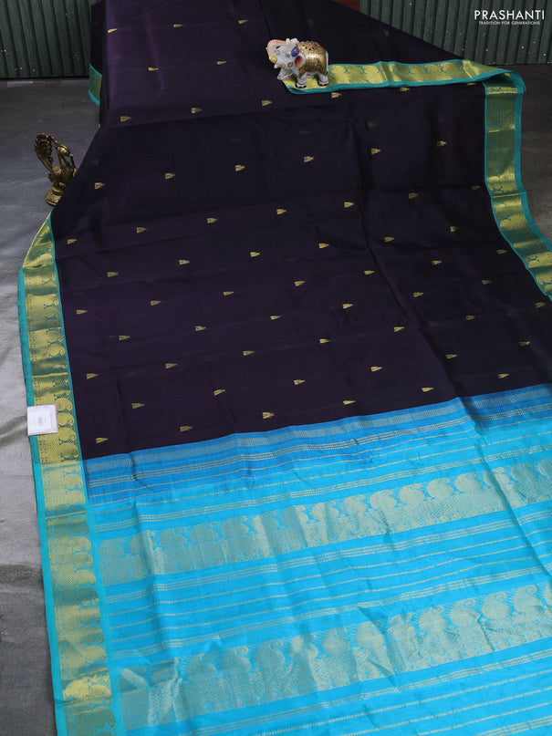 Silk cotton saree deep jamun and teal blue with temple zari woven buttas and paisley zari woven border