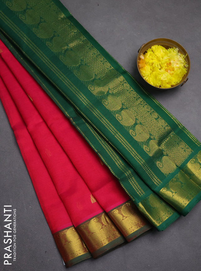 Silk cotton saree pink and green with temple zari woven buttas and paisley zari woven border