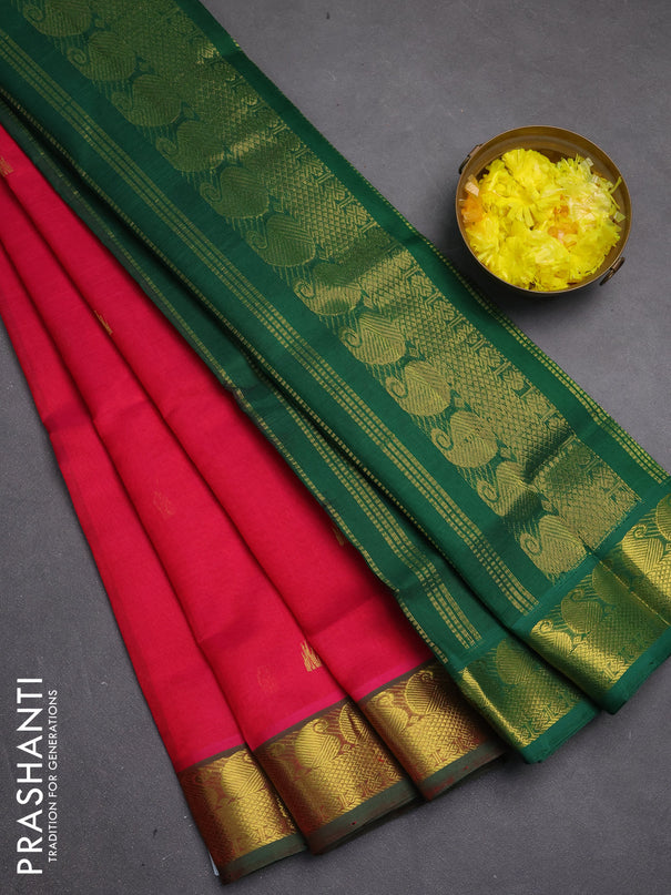 Silk cotton saree pink and green with temple zari woven buttas and paisley zari woven border