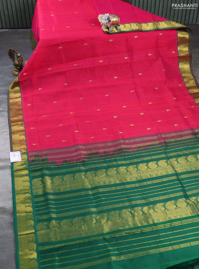 Silk cotton saree pink and green with temple zari woven buttas and paisley zari woven border