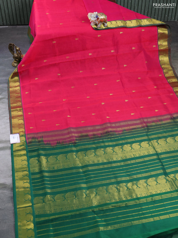 Silk cotton saree pink and green with temple zari woven buttas and paisley zari woven border