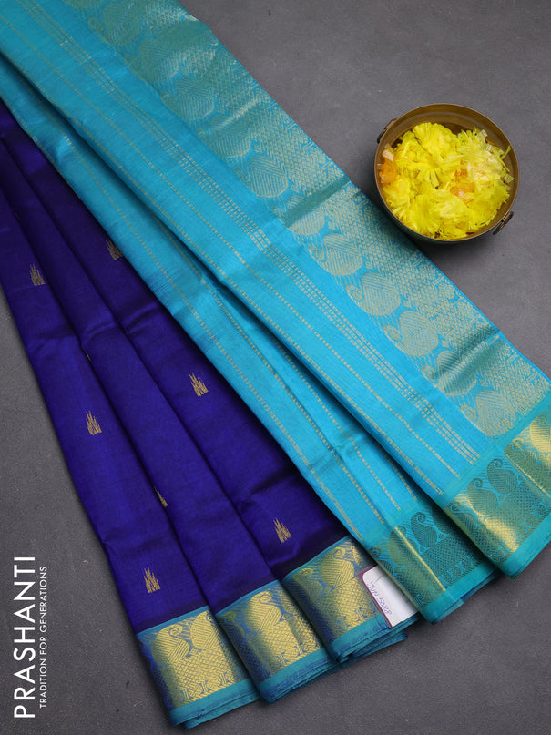 Silk cotton saree royal blue and teal blue with temple zari woven buttas and paisley zari woven border