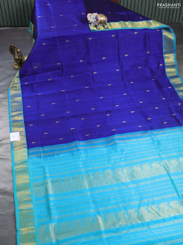 Silk cotton saree royal blue and teal blue with temple zari woven buttas and paisley zari woven border