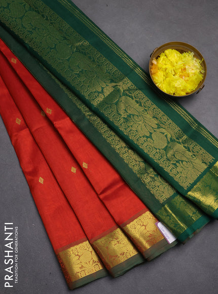 Silk cotton saree rustic orange and green with zari woven buttas and zari woven border