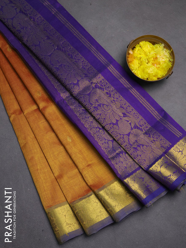 Silk cotton saree dark mustard yellow and violet shade with zari woven buttas and zari woven border