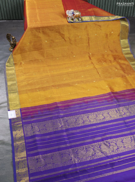 Silk cotton saree dark mustard yellow and violet shade with zari woven buttas and zari woven border