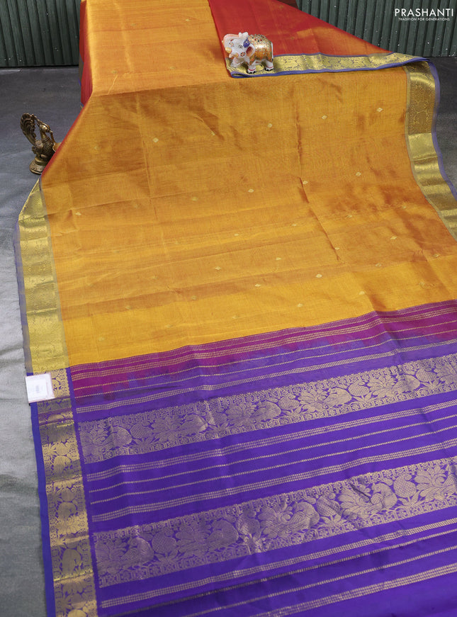 Silk cotton saree dark mustard yellow and violet shade with zari woven buttas and zari woven border