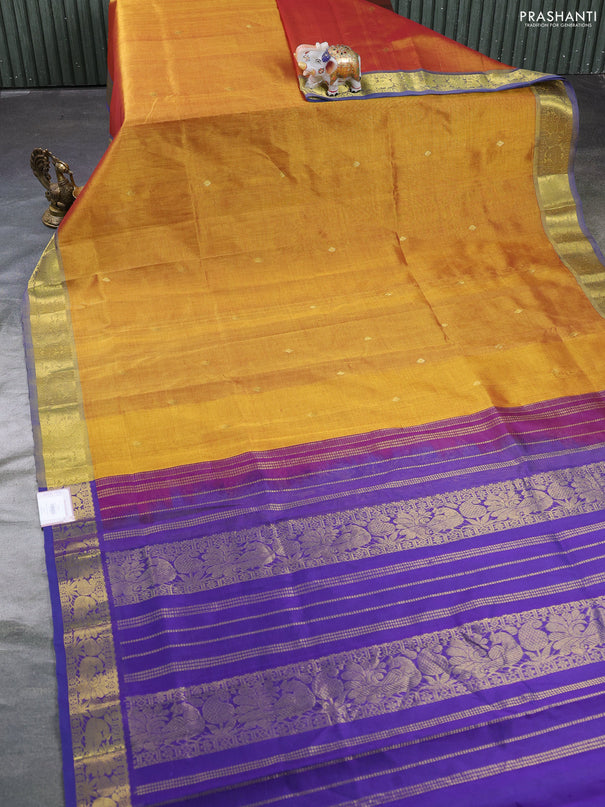 Silk cotton saree dark mustard yellow and violet shade with zari woven buttas and zari woven border