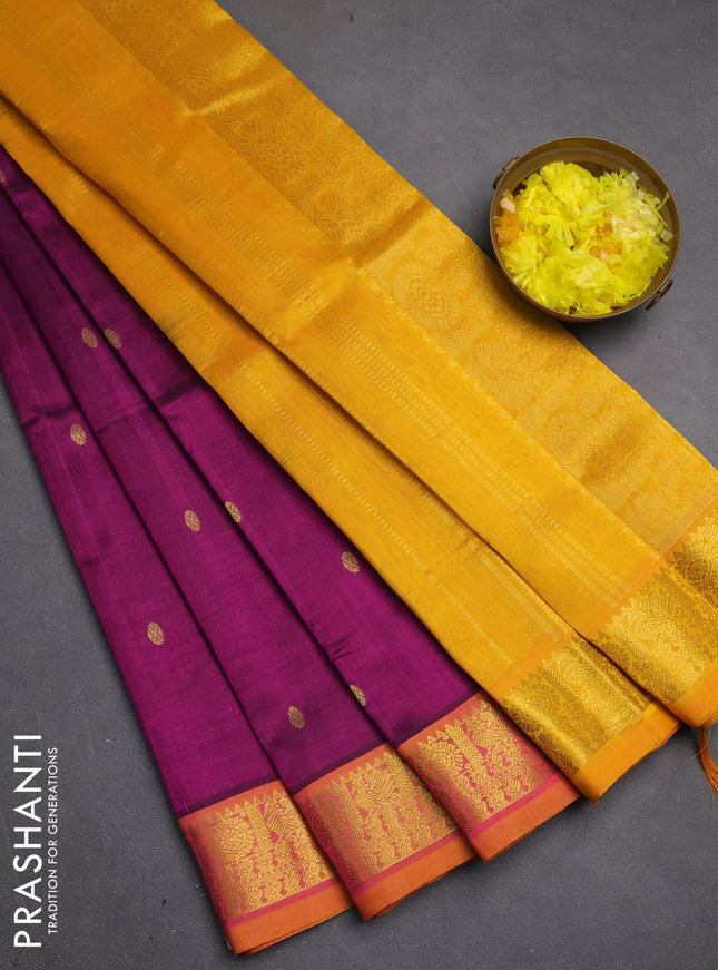Silk cotton saree purple and mango yellow with zari woven buttas and zari woven border