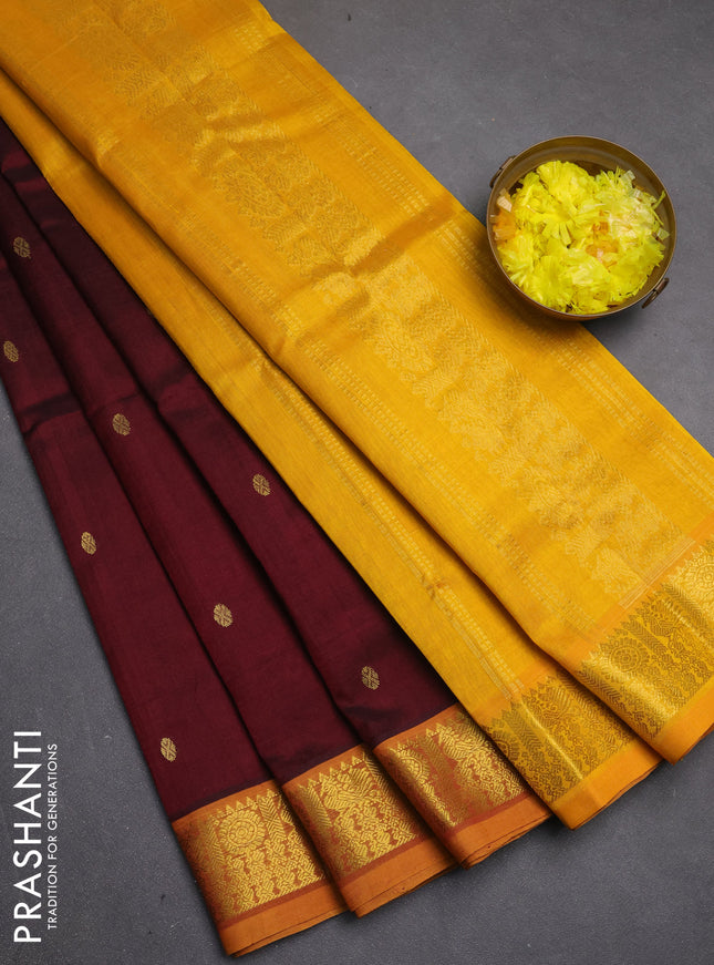 Silk cotton saree maroon and mango yellow with zari woven buttas and zari woven border