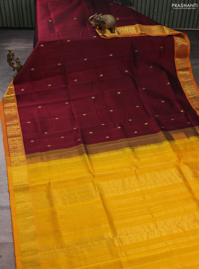 Silk cotton saree maroon and mango yellow with zari woven buttas and zari woven border