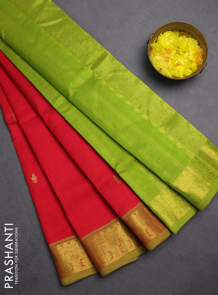 Silk cotton saree red and light green with zari woven buttas and zari woven border